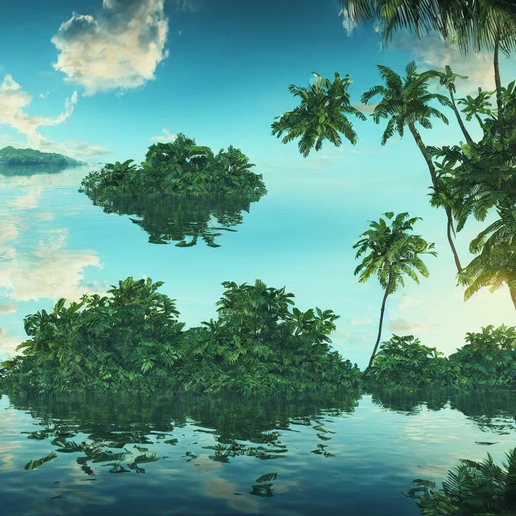 Image similar to island on a beautiful serene lake, ripples, tropical foliage intricate details, reflections, ripples, album cover, glowing sky, hyperdetailed illustration, octane render, low light