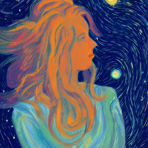 Image similar to A beautiful print of a woman with long flowing hair, wild animals, and a dark, starry night sky. pearlescent by Elaine de Kooning CGI