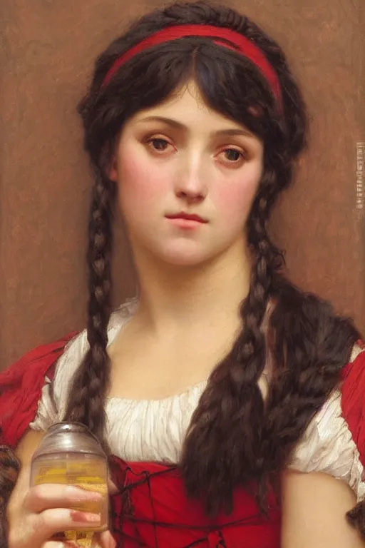 Prompt: John William Godward and Solomon Joseph Solomon and Richard Schmid and Jeremy Lipking victorian genre painting full length portrait painting of a young beautiful woman traditional german french barmaid in fantasy costume, red background