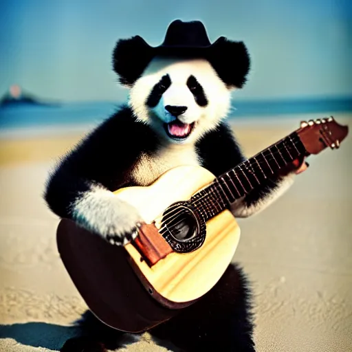 Prompt: photo of a fuzzy panda wearing a cowboy hat and black leather jacket playing a guitar on a beach cinestill, 8 0 0 t, 3 5 mm, full - hd