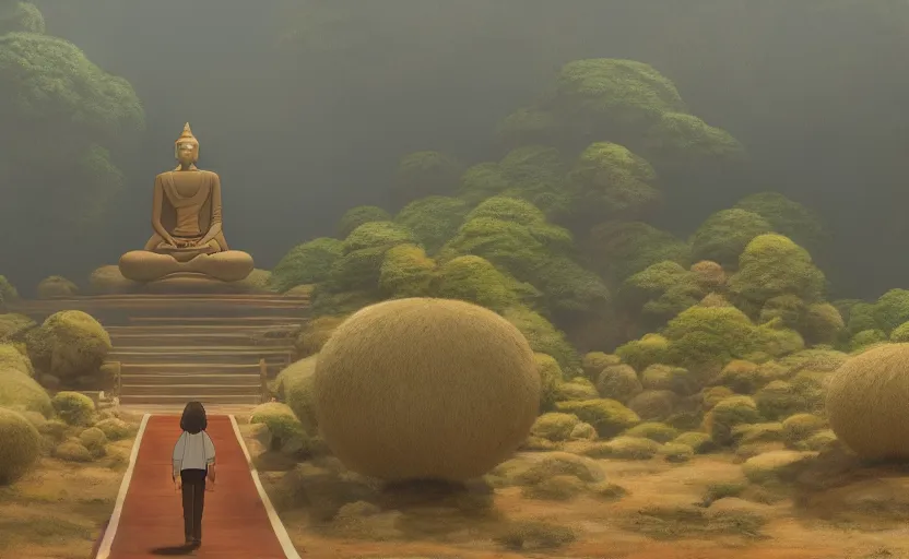 Image similar to a movie still from a studio ghibli movie showing a highly detailed landscape with a giant living buddha statue walking through a valley in the desert. misty, depth perception, 4 k
