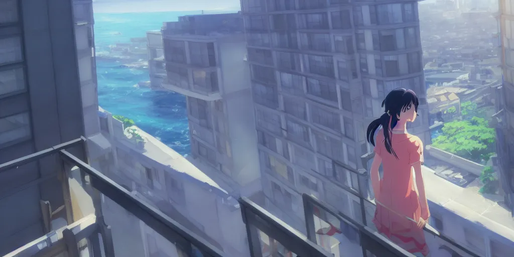 Image similar to beautiful anime painting of a woman looking out of the balcony of her apartment to the coast below, daytime, by makoto shinkai, kimi no na wa, artstation, atmospheric.