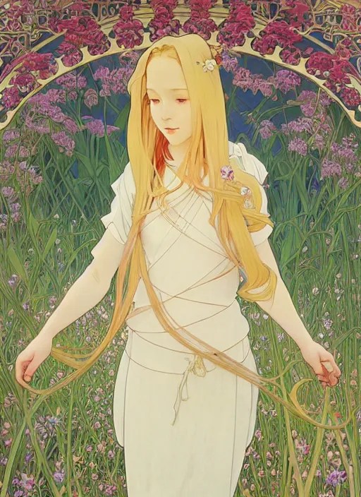 Image similar to pretty young woman with long blond hair, half body shot, path traced, highly detailed, high quality, digital painting, by studio ghibli and alphonse mucha, leesha hannigan, hidari, art nouveau, chiho aoshima, jules bastien - lepage