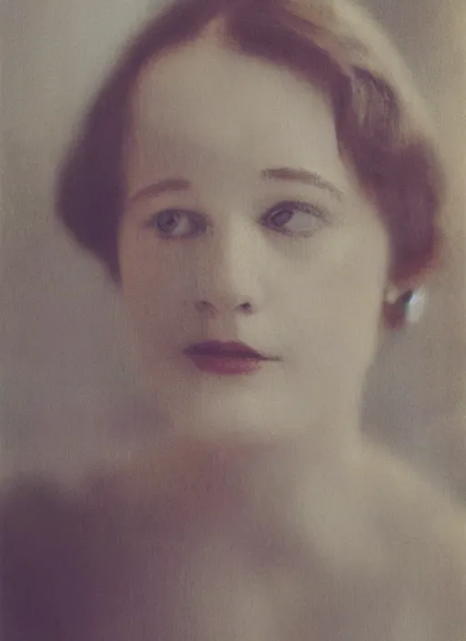 Image similar to out of focus photorealistic portrait of < zelda fitzgerald > as a beautiful young lady by sarah moon, very blurry, translucent white skin, closed eyes, foggy, closeup