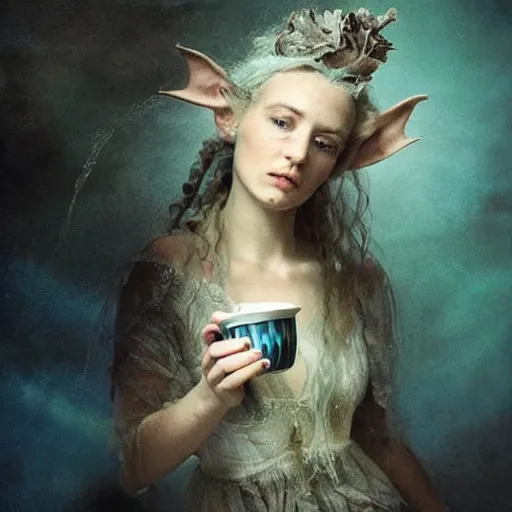 Image similar to A 18th century, messy, silver haired, (((mad))) elf princess, dressed in a ((ragged)), wedding dress, is ((drinking a cup of tea)). Everything is underwater and floating. Greenish blue tones, theatrical, (((underwater lights))), fantasyconcept art, inspired by John Singer Sargent's Lady Macbeth