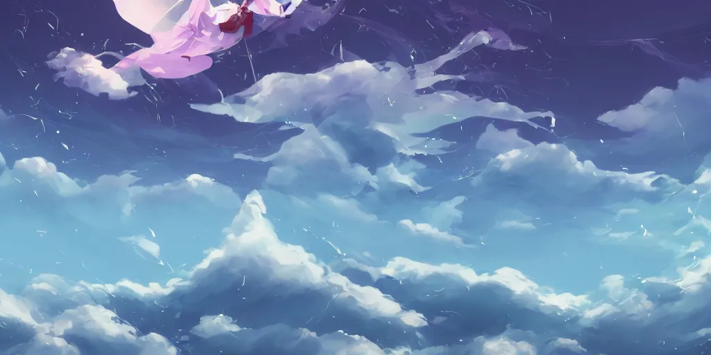 Image similar to background art of flying longswords flowing and floating through the slicing through directional wind on a simple cloudy sky background featuring an enormous tsunami, big puffy clouds, large individual rose petals, lotus petals, angular background elements, large polygonal fragments, anime, studio ghibli, artgerm, manga, trending on artstation, art nouveau, mature color scheme