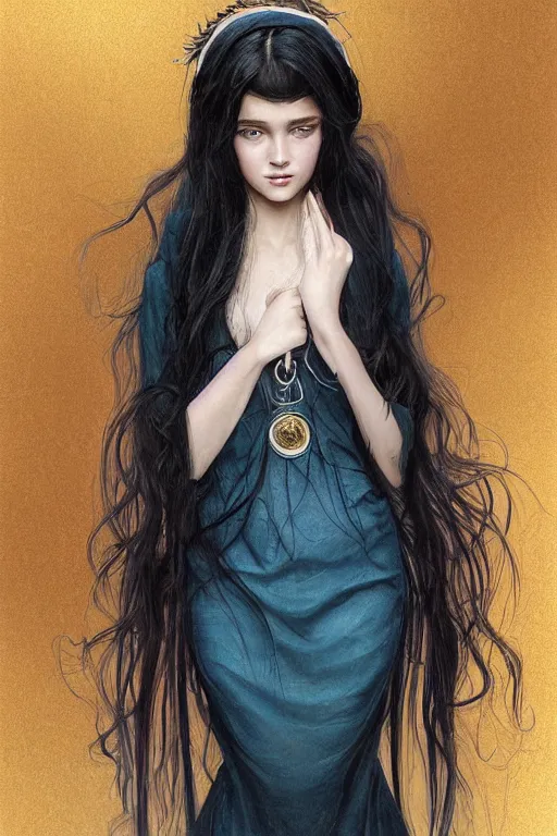 Image similar to portrait of teenage girl with long glossy black hair, blue eyes, glowing skin, fashion model features, fantasy, hogwarts student uniform, intricate, elegant, black dress, highly detailed, digital painting, artstation, concept art, smooth, sharp focus, illustration, art by Krenz Cushart and Artem Demura and alphonse mucha