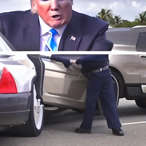 Image similar to Newscast still of Donald Trump being handcuffed and arrested and put into a cop car at mar-a-lago