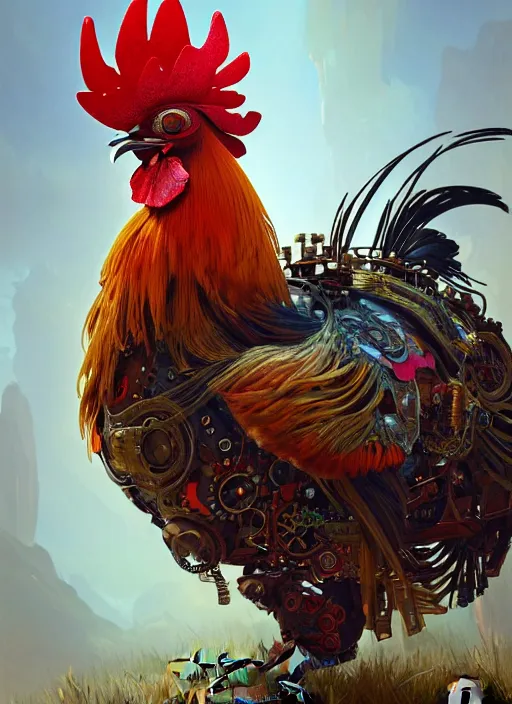 Prompt: portrait of a rooster, robot steampunk, floral! horizon zero dawn machine, intricate, elegant, highly detailed, ray tracing, digital painting, artstation, concept art, smooth, sharp focus, illustration, art by artgerm and greg rutkowski and alphonse mucha, 8 k