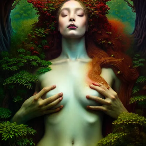 Image similar to a beautiful surreal illustration of dryad highly detailed, liquid oilpaint, doug chiang, gustave dore, leonardo da vinci, trending on artstation, industry, lucid and intricate, rectilinear, digital art, octane, redshift, vray, 8 k, 6 4 megapixels, zbrush central, behance hd, hypermaximalist, well rendered