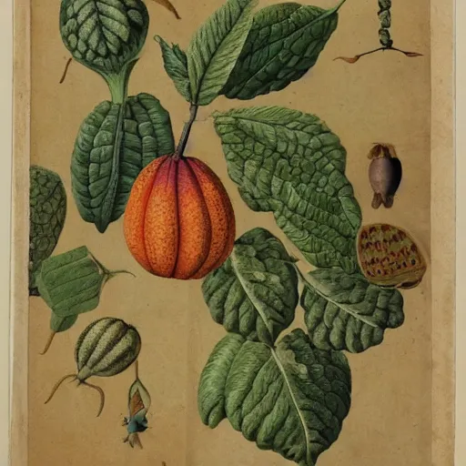 Prompt: a lumpy fruit full of seeds covered with tiny hairs, maria sibylla merian