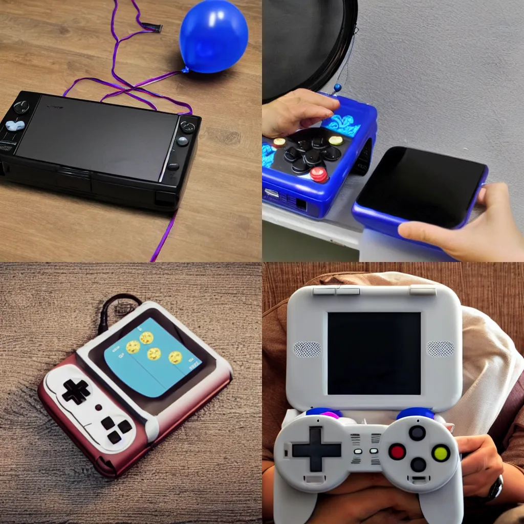 Prompt: Portable videogame system tied to a helium balloon