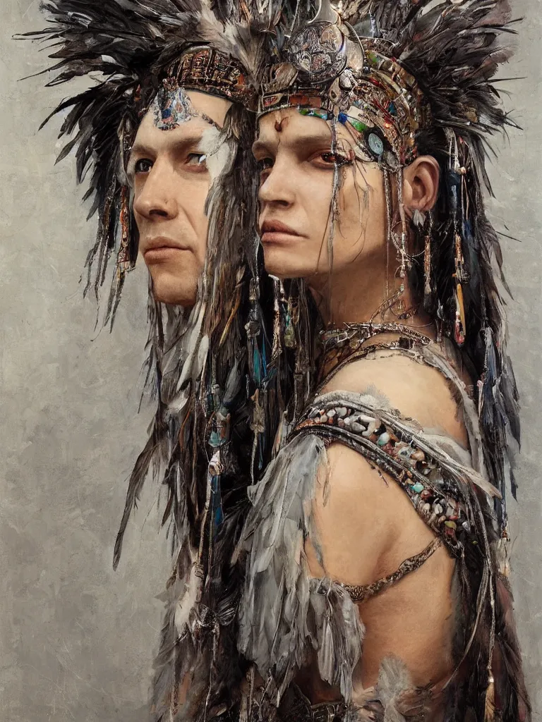 Prompt: A centered portrait of a wise and mystical shaman with a head dress made of feathers and beads with dark robes and trinkets of silver, by Greg Rutkowski, HD , trending on artstation