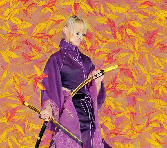 Image similar to breathtaking detailed pattern pastel colors, action scene from kill bill, with uma thurman ( kill bill ) in yellow kimono, with hatori hanzo katana sword and autumn leaves, by hsiao - ron cheng, bizarre compositions, exquisite detail, enhanced eye detail