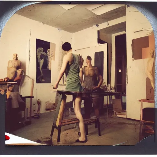 Image similar to polaroide photo inside of a greek sculpture atelier with artists working, award winning photo, color