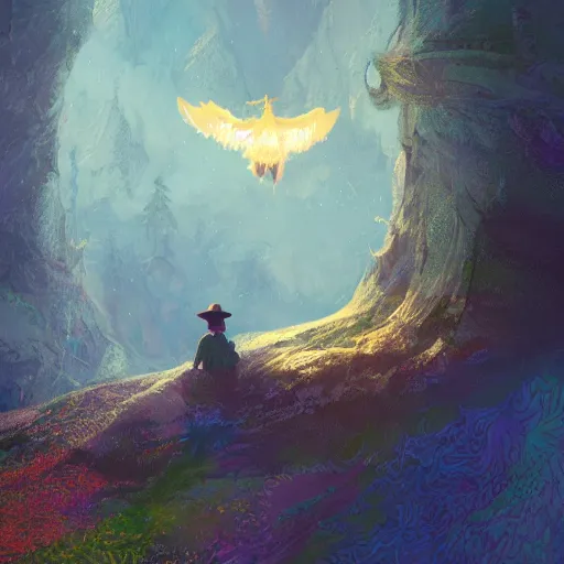 Image similar to snufkin with angel wings, heaven, digital illustration portrait design, by android jones and greg rutkowski, retrowave color scheme, detailed, cinematic lighting, wide angle action dynamic portrait