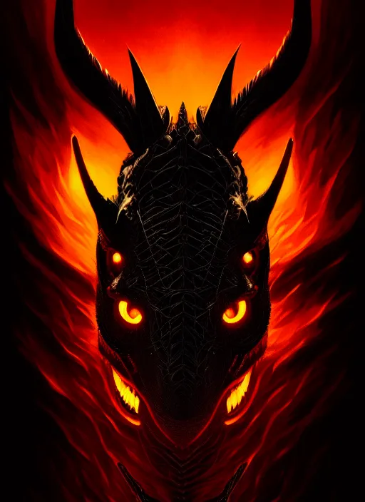 Prompt: symmetry!! portrait of a black dragon, dark scales, horns, horror, night time lighting, intricate, scary, fire background, highly detailed, digital painting, artstation, concept art, smooth, sharp focus, illustration, art by greg rutkowski