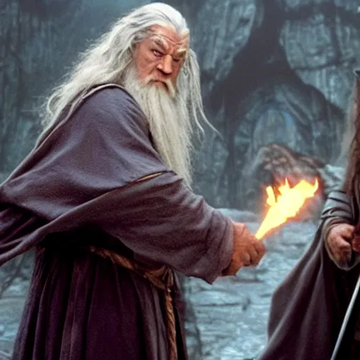 Prompt: film still of leonardo di caprio as gandalf standing against balrog in lord of the rings 2 0 0 1
