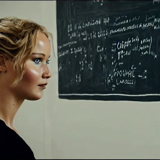 Image similar to the first still from the professor, directed by christopher nolan, shows jennifer lawrence at a chalkboard explaining data pipelines 4 k