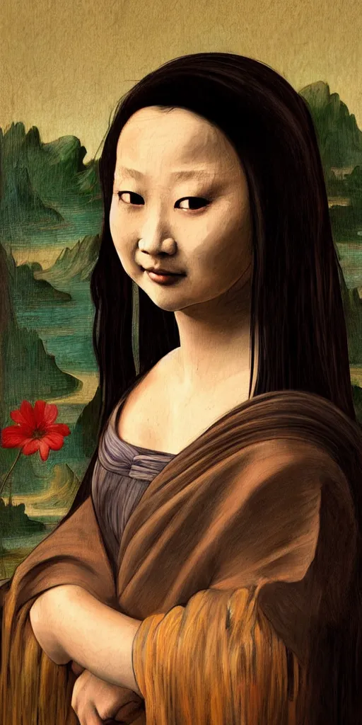 Image similar to Beautiful asian girl looking to the camera with serious face, artstation, flowers in hair, no makeup, slight mona lisa smirk in the style of vermeer, realistic oil painting