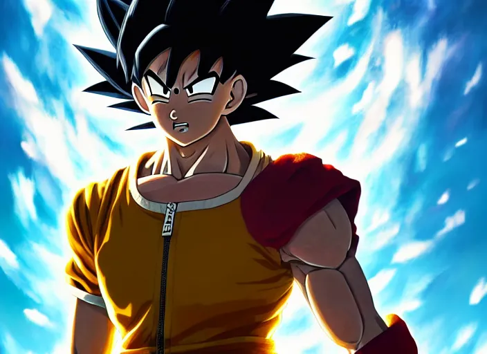 Image similar to highly detailed portrait of goku, in one punch man, stephen bliss, unreal engine, fantasy art by greg rutkowski, loish, rhads, ferdinand knab, makoto shinkai and lois van baarle, ilya kuvshinov, rossdraws, tom bagshaw, global illumination, radiant light, detailed and intricate environment