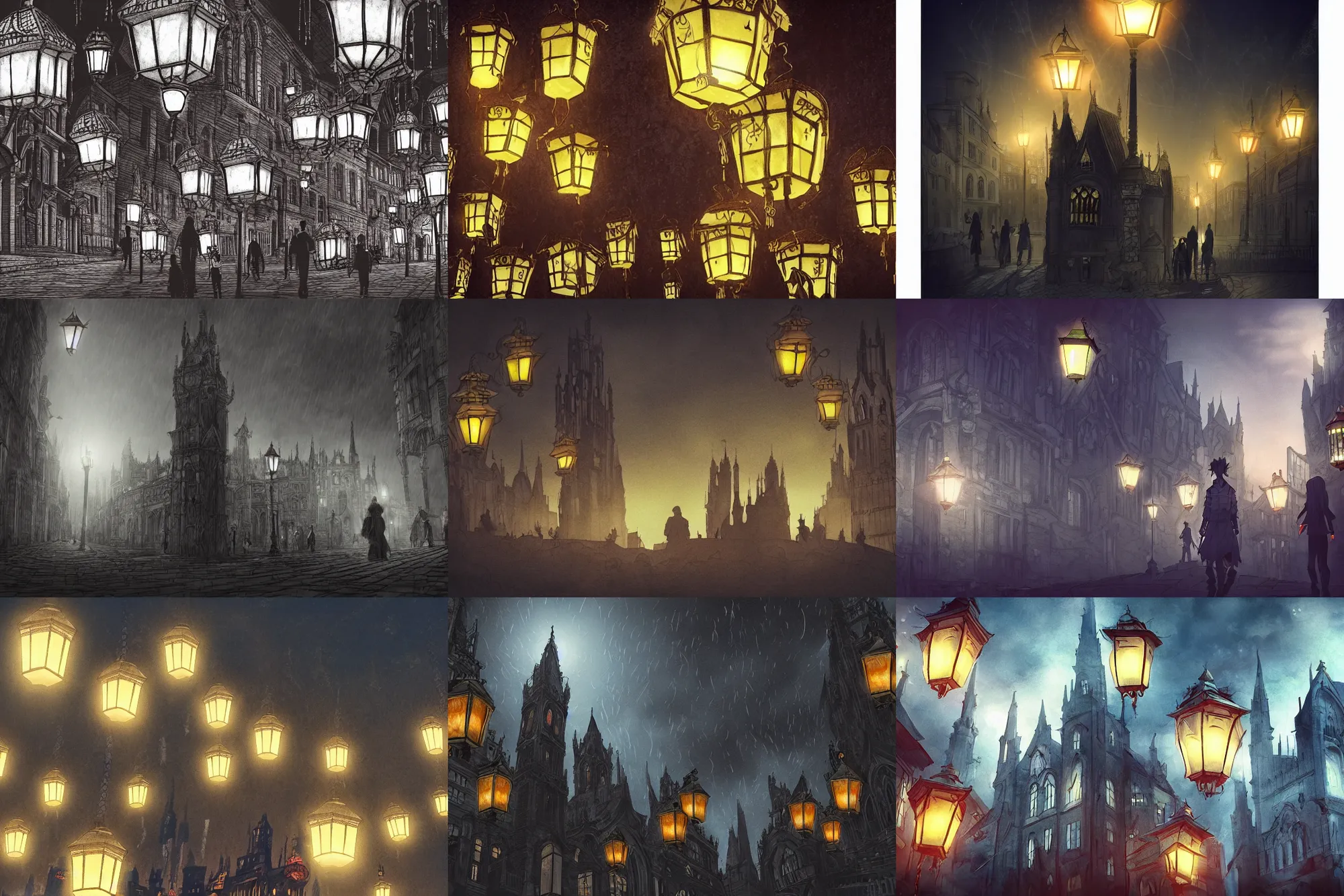 Prompt: style : blame!. composition : long shot ; low angle. key words : digital art ; detailed ; 4 k. scenery : a gothic city. subject : none. details : at night ; lanterns.