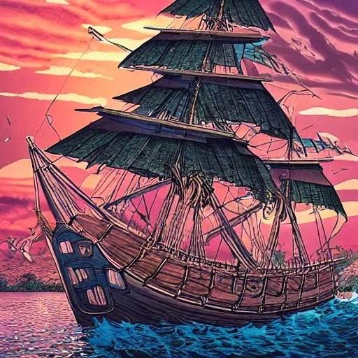 Prompt: a brigantine - type pirate ship with a fruit tree on her deck, an observation tower and huge masts, detailed, smooth, sharp focus, high contrast, colourful, dramatic lighting, graphic novel, art by ardian syaf and pepe larraz,