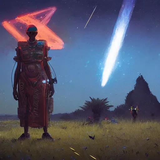 Prompt: a cyberpunk mursi elder sitting in a field watching a meteor shower with his hoverbike in the foreground by greg rutkowski and android jones in a cyberpunk style, oil on canvas, 8k, afrofuturism