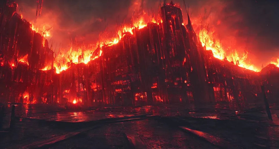 Prompt: for lava-tornadoes destroy a cyberpunk medieval gothic dark-ages city, rich contrast, feeling of grimdark and gothic horror, explosions and fire, hyperrealistic, octane render, unreal engine, Cryengine 8k UHD