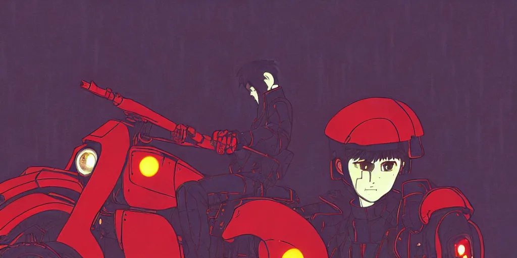 Image similar to twilight lighting, moody, atmospheric, solarpunk, kaneda and his motorcycle from akira, rainy, in the art style of neon genesis : evangelion, 8 0 s anime style, by ghibli studio and victor ngai, ghost in the shell art style, akira artstyle, pixar highly detailed, 8 k h 5 7 6