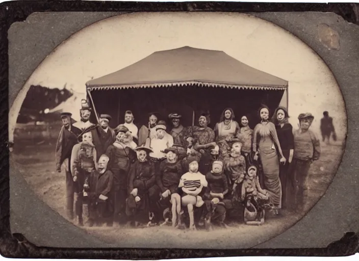 Prompt: a tintype photograph. photo of a group of people in front of the circus of watches, horror a family of monsters