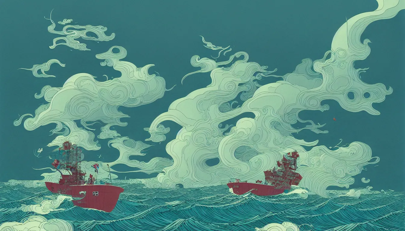 Image similar to storm at sea by balmy enso, jamie hewlett, nicolas delort, moebius, victo ngai, josan gonzalez, kilian eng