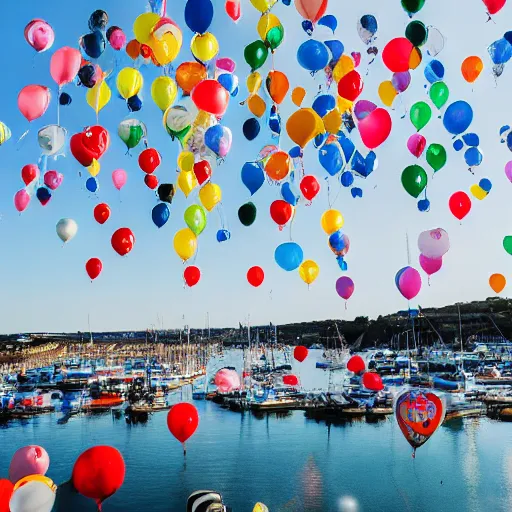 Image similar to photo of a lot of birthday balloons floating above a beautiful maritime port in bretagne. sharp focus, highly - detailed, award - winning