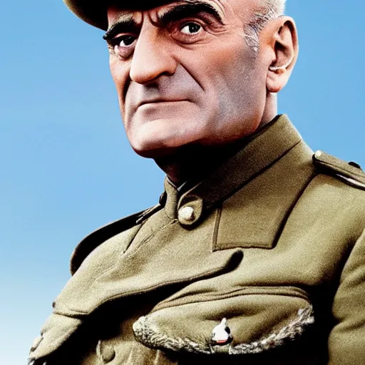 Prompt: promotional image of Louis de Funès as an army soldier in 1917 (2019 film), detailed face, movie still, promotional image, imax 70 mm footage