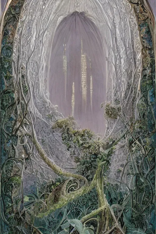 Prompt: a gorgeous painting by Viktor Hartmann of a great palace in the style of zaha hadit made from porcellain, beautiful natural soft rim light, roots, fine foliage lace, ernst haeckel, parametric architecture, parametric design, bioart, futuristic, adorned with all kind of plants, utopian, chitin, visceral, art nouveau , intricate details, satin silver beautiful gold metal details, mesh wire, neri oxman, cable wires, elegant, hyper realistic, quantum computer, ultra detailed, octane render, silicon and carbon, volumetric lighting, 8k post-production, hr giger style