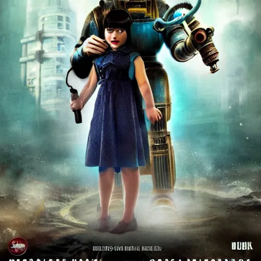 Image similar to movie poster for a live action bioshock movie featuring a big daddy and little sister with the underwater city of rapture in the background