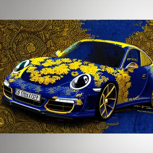 Image similar to black blue yellow porsche 9 1 1, complicated gold and blue flowers the baroque style decoration, dark fantasy, intricate, elegant, highly detailed, digital painting, artstation, concept art, matte, 3 d 8 k octane rendered, sharp focus, illustration, octane rendered, art by artgerm