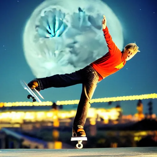 Image similar to tony hawk , skating in front of the moon