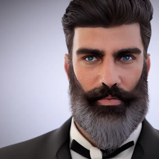 Image similar to a highly detailed portrait of a man, with a brown beard and hair, blue eyes, wearing a tuxedo, artstation, deviantart, professional, octane render