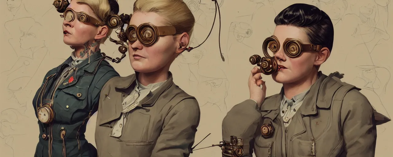 Prompt: vintage illustration 3 / 4 portrait of stoic tattooed heroic emotionless butch blonde woman engineer with short slicked - back hair, wearing victorian goggles, awkward and uncomfortable and anxious, dynamic composition by sachin teng and sergey kolesov and ron cobb. industrial space program, scifi, hyper detailed. octane render. concept art. trending on artstation