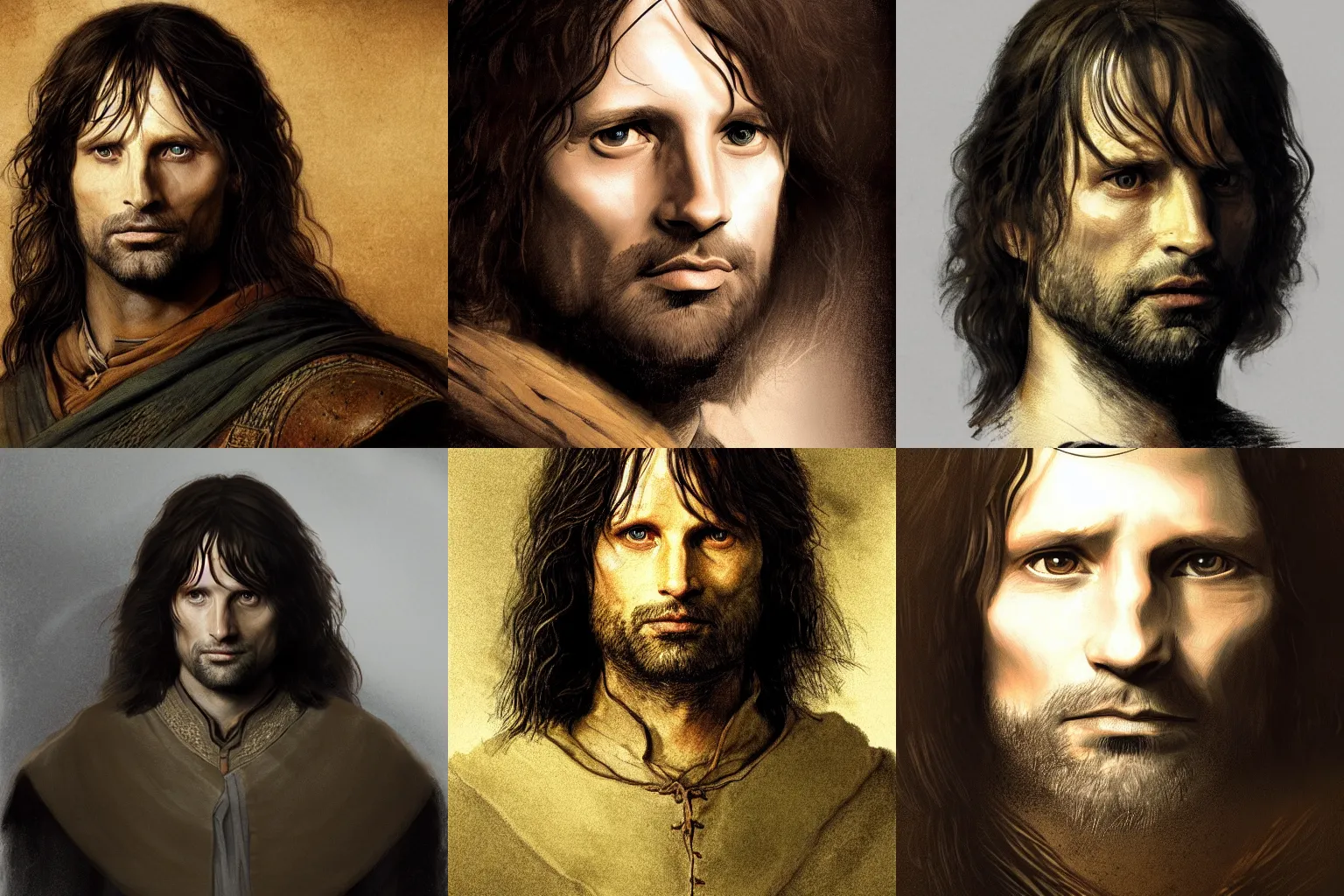 Prompt: a beautiful portrait illustration of Aragorn, by rembrandt, rembrandt lighting, rimlight, featured on artstation