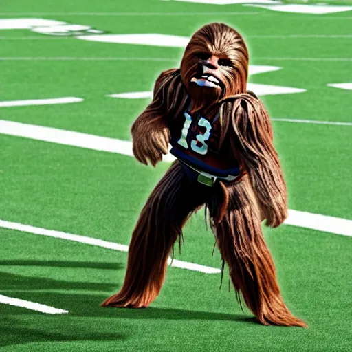 Image similar to replay of a football game with chewbacca as the quarterback, highly detailed, extremely high quality, hd, 4 k, 8 k, canon 3 0 0 mm, professional photographer, 4 0 mp, lifelike, top - rated, award winning, realistic, detailed lighting, detailed shadows, sharp, no blur, edited, corrected, trending