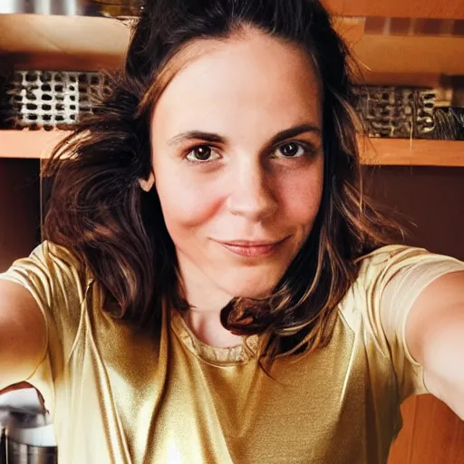 Image similar to a selfie portrait a brunette female, young, athletic, australian, wearing a gold tshirt in a kitchen