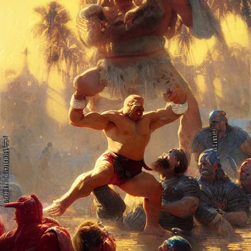 Prompt: the iron sheik breaking hulk hogan's back, radiant light, caustics, heroic, bright iridescent light, by gaston bussiere, bayard wu, greg rutkowski, maxim verehin, epic wrestling combat, legendary