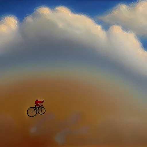 Prompt: A man riding his bicycle through the clouds in the sky, evokes feelings of wonder and amazement, an expressive oil painting by Wes Wilson