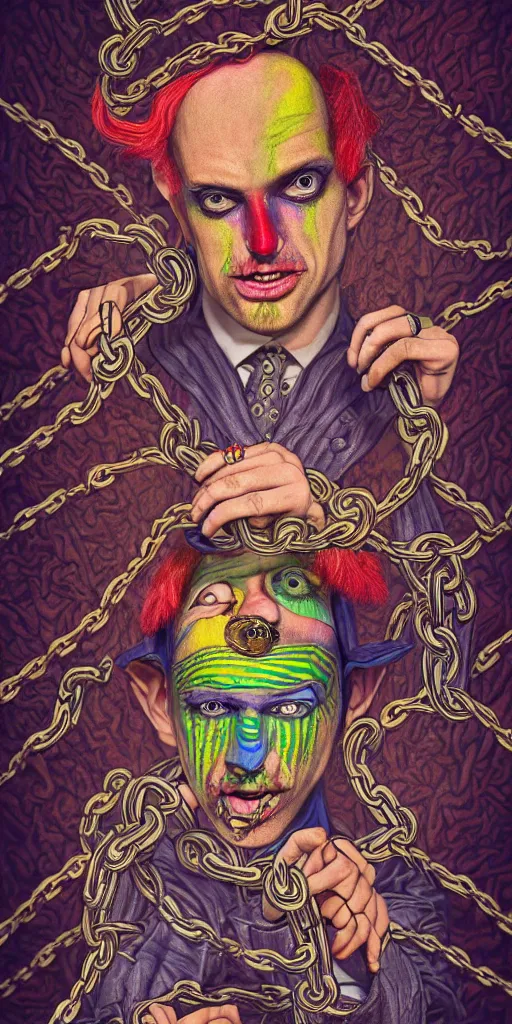 Image similar to psychedelic illustration, court jester portrait, psychotic eyes, in prison, in chains, playing card design, detailed colored pencil drawing, photorealistic illustration, 8 k resolution, octane render,