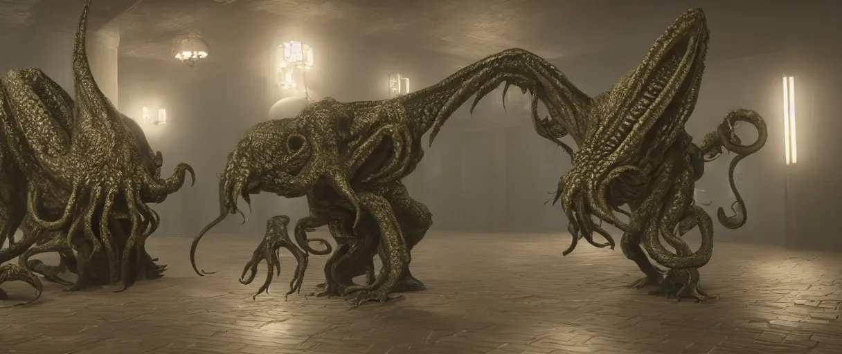 Prompt: cthulhu on a blind date | unreal engine :. 6 | global illumination, octane, raytracing, detailed and intricate :. 4