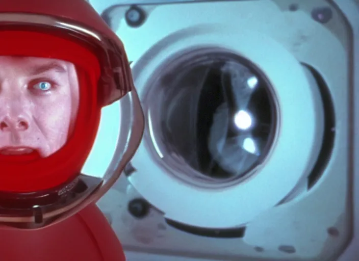 Prompt: film still of HAL from 2001 A Space Odyssey as a washing machine red light inside