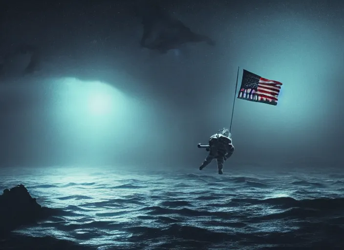 Image similar to astronaut holding a flag in an underwater desert. a submarine is visible in the distance. dark, concept art, cinematic, dramatic, atmospheric, 8 k, trending on artstation, blue, fish, low visibility, fog, ocean floor, christopher nolan, interstellar