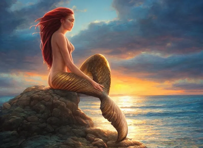 Prompt: a beautiful photo of a mermaid sits on a rock and stares at the island, sunset lighting, fantasy, hyper realistic, 1 0 5 mm, art by artgerm and greg rutkowski